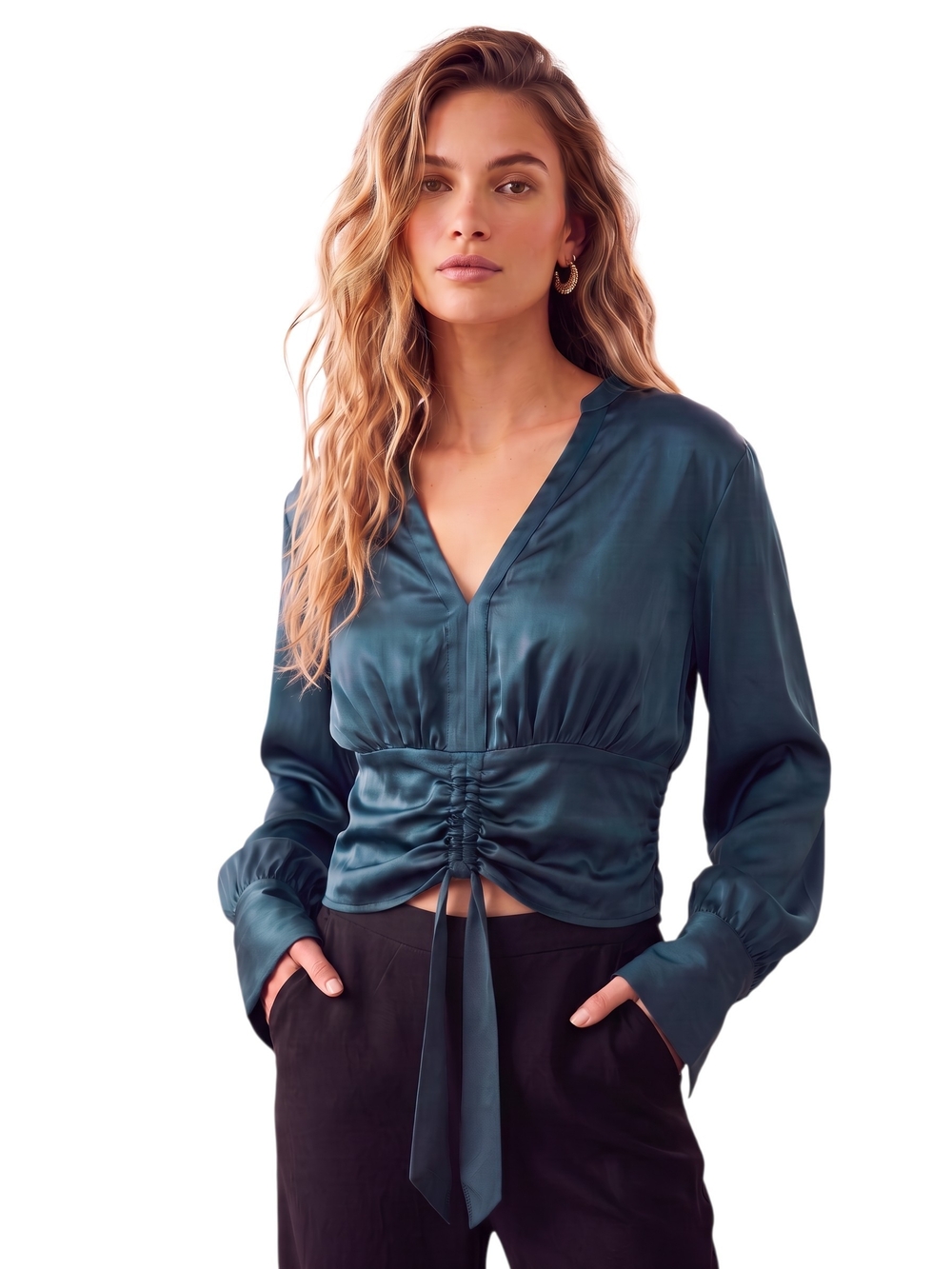 Anthropologie Dark Navy Blue Satin V-Neck Ruched Adjustable Tie-Front Top M